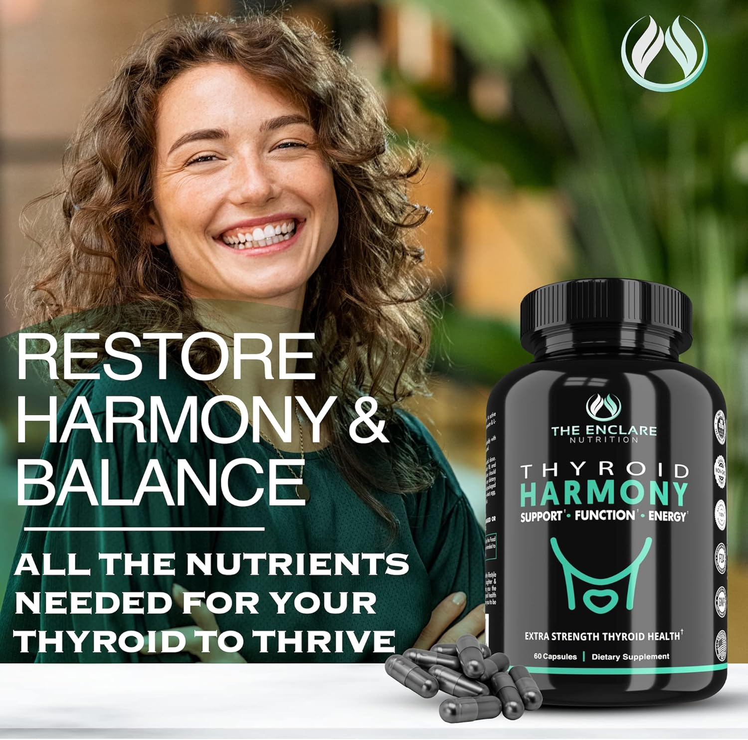 THE ENCLARE NUTRITION Thyroid Support Supplement with Iodine - Balance Hormones for Energy, Metabolism, Focus, Stress, Mood. Ashwagandha, Zinc, Selenium, Vitamin B12, Kelp, Magnesium, L Tyrosine (1)