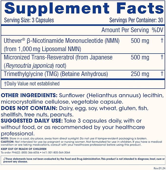 ProHealth Liposomal NMN Pro Complete (90 Capsules, 3 Pack) 500 mg Uthever® NMN + 500 mg Resveratrol + 250 mg TMG. NAD+ Precursor, Methylation Support & Sirtuin Activation. Triple Lab-Tested
