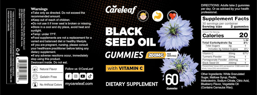 Black Seed Oil Gummies with Turmeric & Pomegranate | 200mg Antioxidant Supplement for Immune Support, Skin & Heart Health | Vitamin C Enriched for Hair & Nails | Natural Vegan Gummy