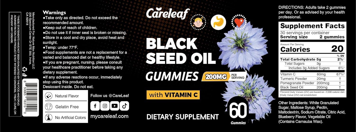 Black Seed Oil Gummies with Turmeric & Pomegranate | 200mg Antioxidant Supplement for Immune Support, Skin & Heart Health | Vitamin C Enriched for Hair & Nails | Natural Vegan Gummy