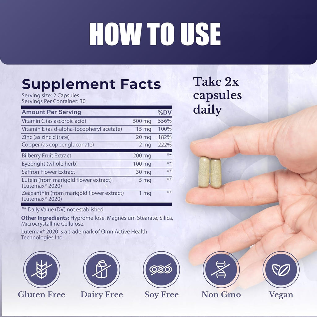 Vision Nutri Complex - Eye Vitamins with Lutein, Bilberry - Eye and Vision Health for Men & Women - 60 Capsules