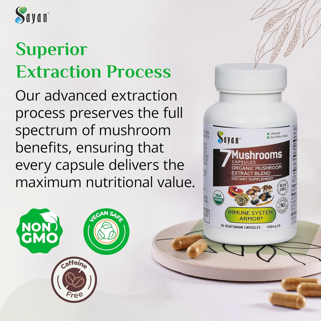 Sayan 7 Mushroom Extract 90 Capsules/440mg ea – Immune Support & Energy – Organic Chaga, Reishi, Lion's Mane, Maitake, Shiitake, Turkey Tail Adaptogen Blend – Vegan, Non-GMO, No Fillers or Additives