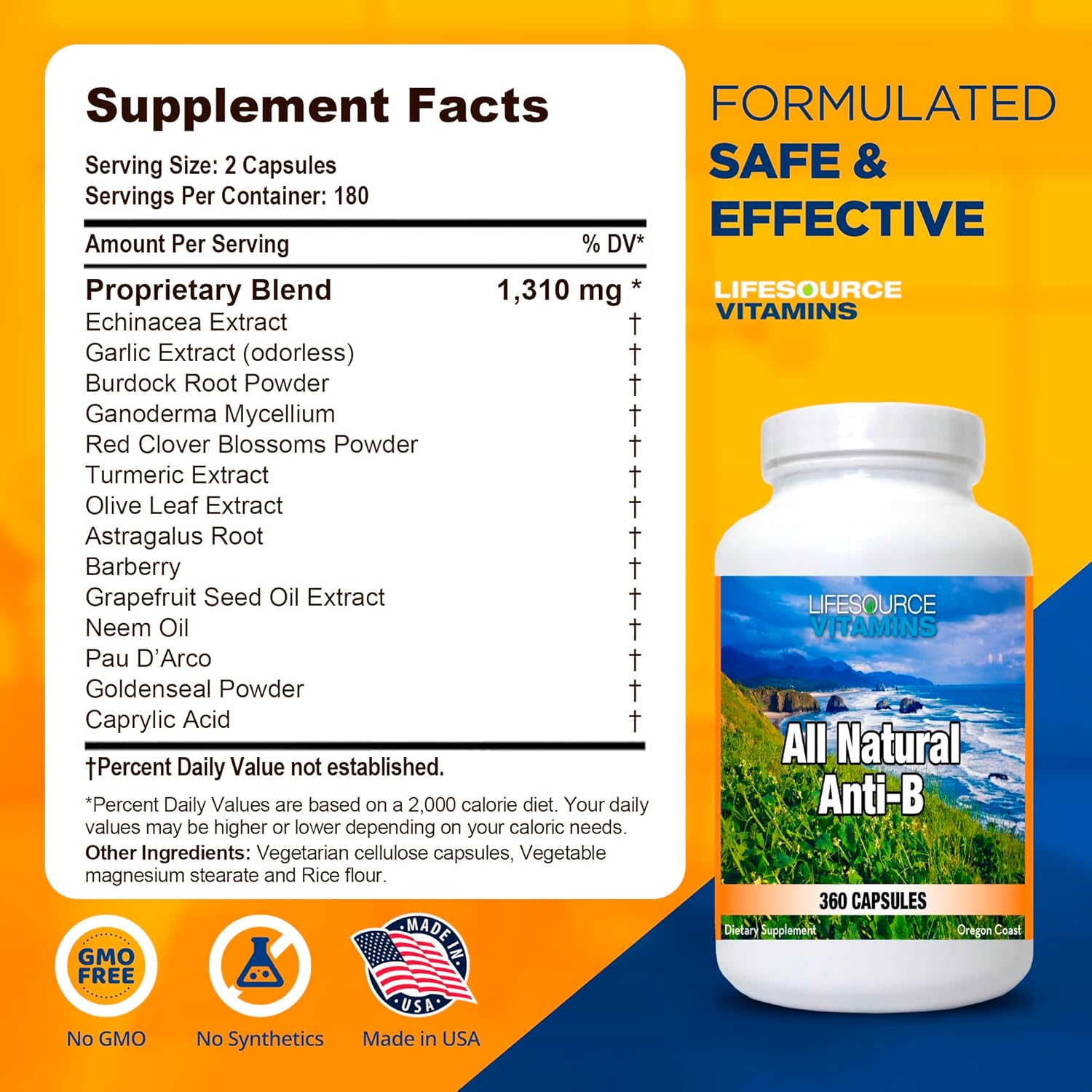 LifeSource Vitamins All Natural Anti-B for Immune Support, 14 All Natural Ingredient with Echinacea & Garlic Extract, 360 Immune Defense Capsules