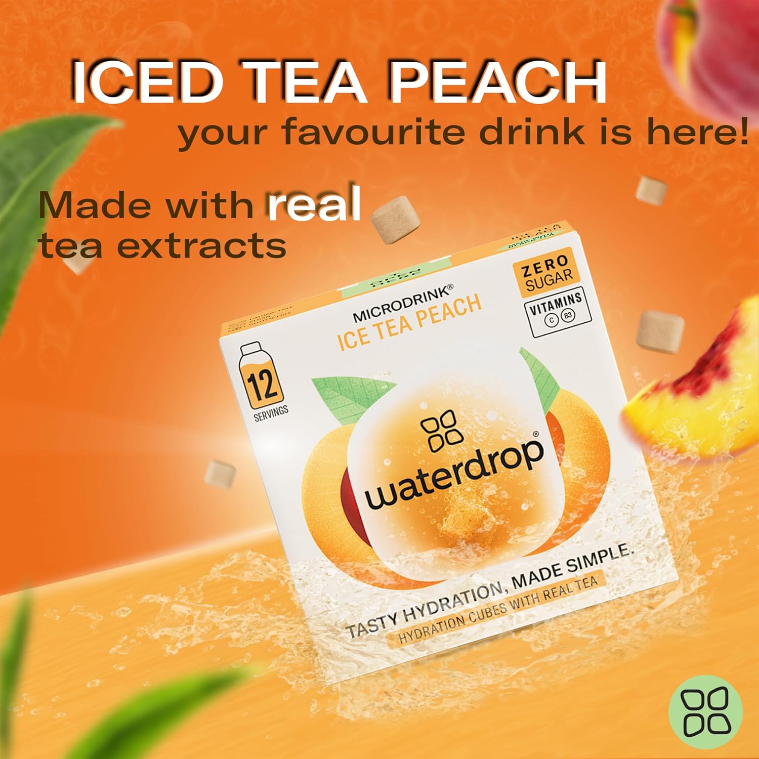 Waterdrop Hydration Cubes with Vitamin C, B Vitamins, and Electrolytes, Iced Tea Peach Flavor, Flavored Water Enhancer Cubes for Still & Sparkling Water, Low Calorie, Sugar Free, Gluten Free, 24 Count