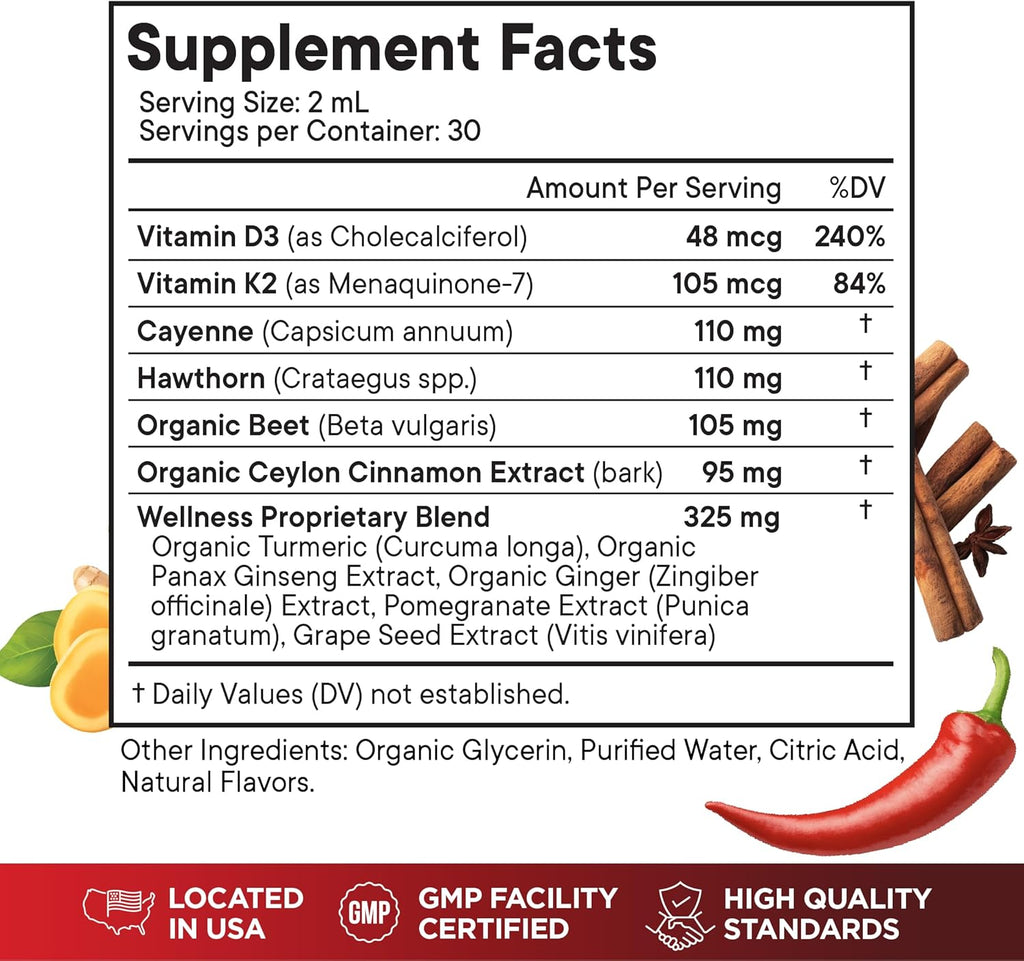 Cayenne Pepper Supplement Liquid Drops + Hawthorn Berry, Vitamin D3 K2 Beet Root Powder, Ceylon Cinnamon, Turmeric Curcumin, Organic Panax Ginseng - 8 OZ