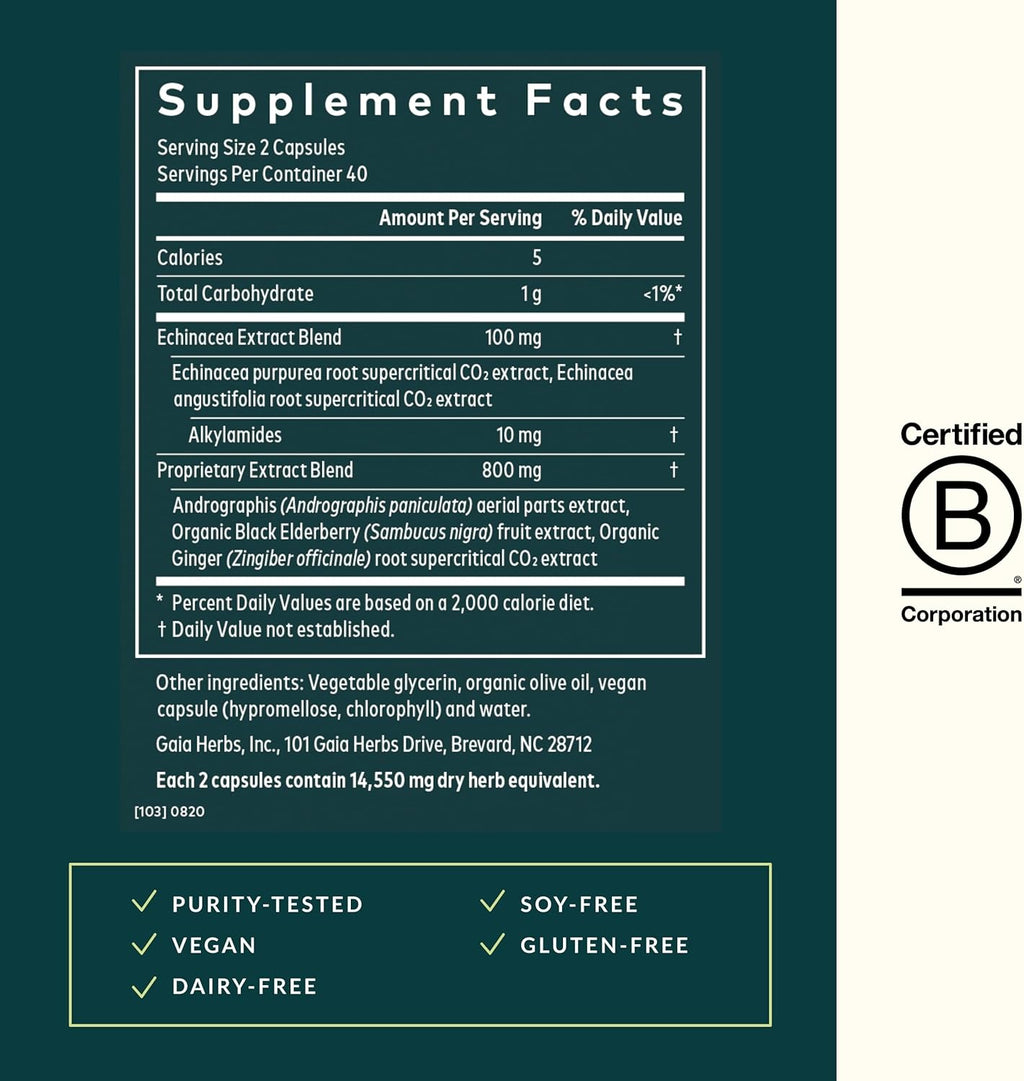 Gaia Herbs Quick Defense - Fast-Acting Immune Support Supplement for Use at Onset of Symptoms - with Echinacea, Black Elderberry, Ginger & Andrographis - 80 Vegan Liquid Phyto-Capsules (8-Day Supply)