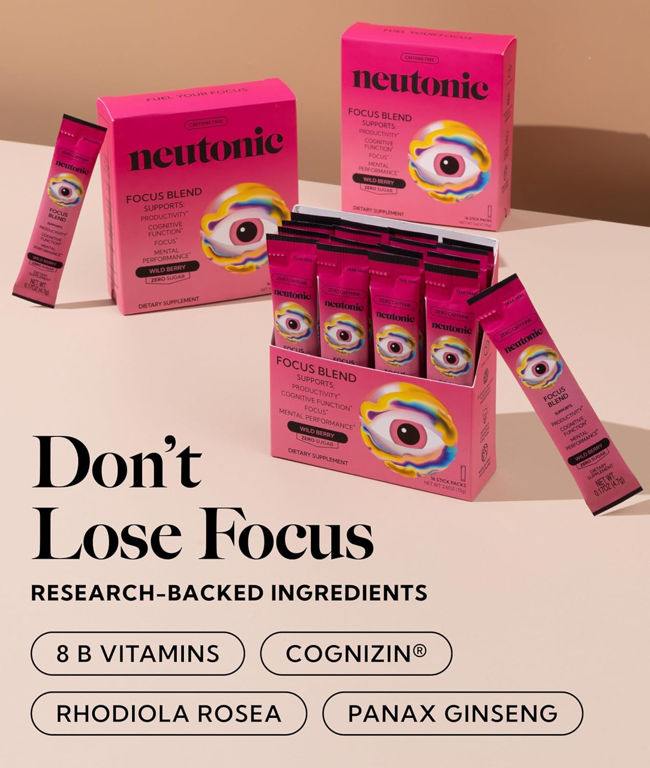 Neutonic Nootropic Focus Blend Powder | Wild Berry 16 Sticks | Caffeine Free, Zero Sugar | Support Memory, Mental Clarity, Cognitive Function | Boost Focus, Energy, Brain Health