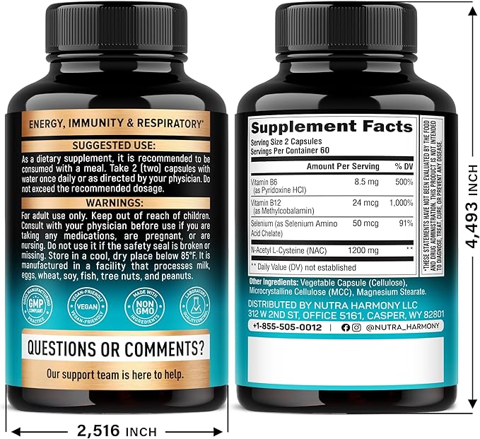 NAC Supplement | Selenium | B6 | B12 - Antioxidant, Immune Support - N Acetyl Cysteine 600 mg per Capsule, 1200 mg per Serving - Made in USA - Non-GMO, Gluten-Free, Vegan - 120 caps, 2 Month Supply