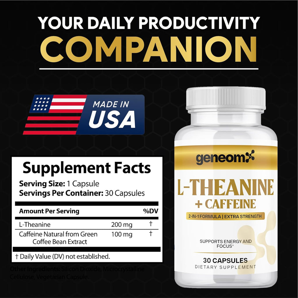 L-Theanine + Caffeine Supplement - Extra Strength 2-in-1 Formula for Mental Clarity, Energy and Focus with Natural Green Coffee Bean Extract, Supports Calm & Alertness | 30 Vegetarian Capsules