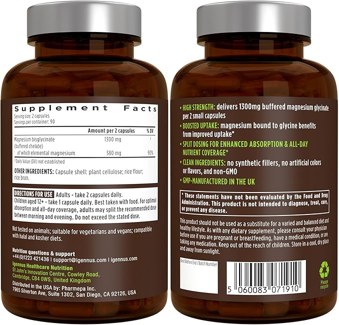 Igennus Highest Strength Chelated Magnesium Glycinate 1300mg, 380mg Elemental, 90 Servings, Pure & Clean Buffered Magnesium Bisglycinate, Vegan, 180 Capsules