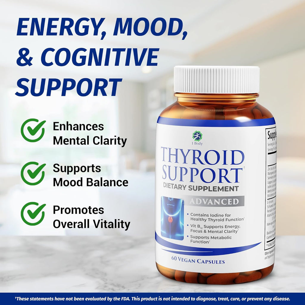 1 Body Thyroid Support Supplement with Iodine, B12, Zinc, Selenium, Ashwagandha, Non-GMO, Vegetarian, 30 Day Supply
