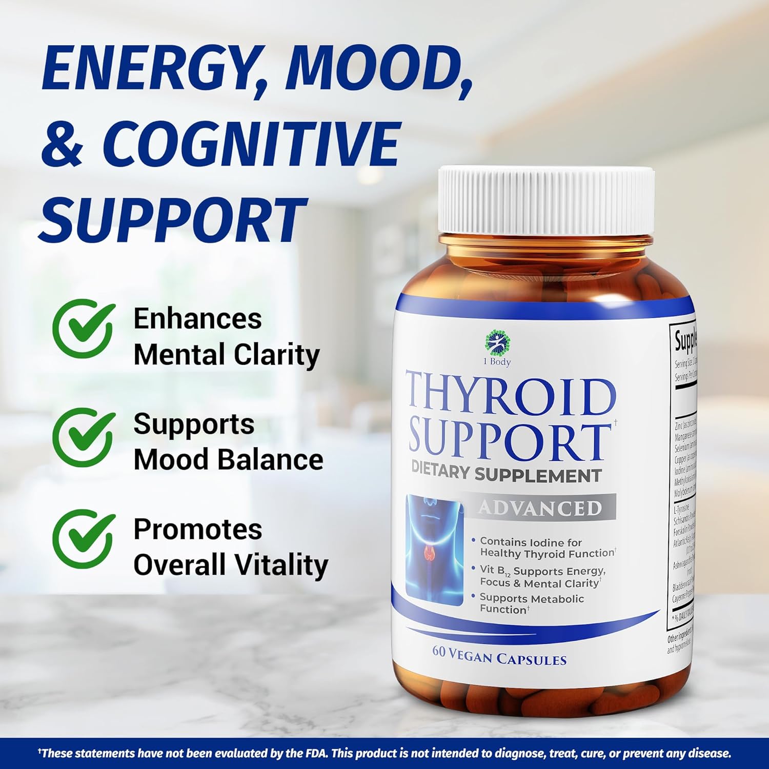 1 Body Thyroid Support Supplement with Iodine, B12, Zinc, Selenium, Ashwagandha, Non-GMO, Vegetarian, 30 Day Supply