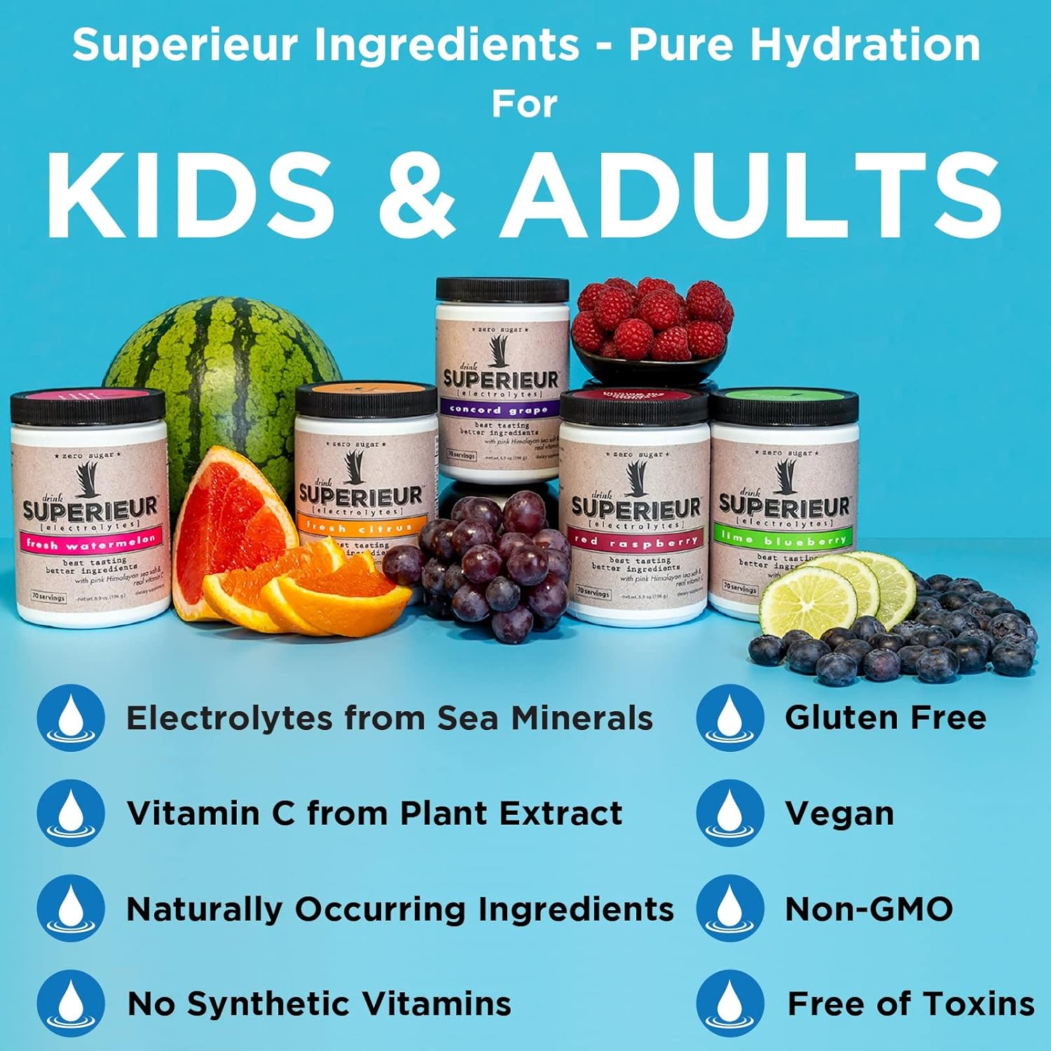 Superieur Electrolyte Powder Packets - Vegan Electrolyte Hydration Powder w/Sea Minerals - Keto Friendly, Non-GMO, Zero Sugar Electrolyte Supplement - Healthy Sports Drink - Watermelon (14 Packets)