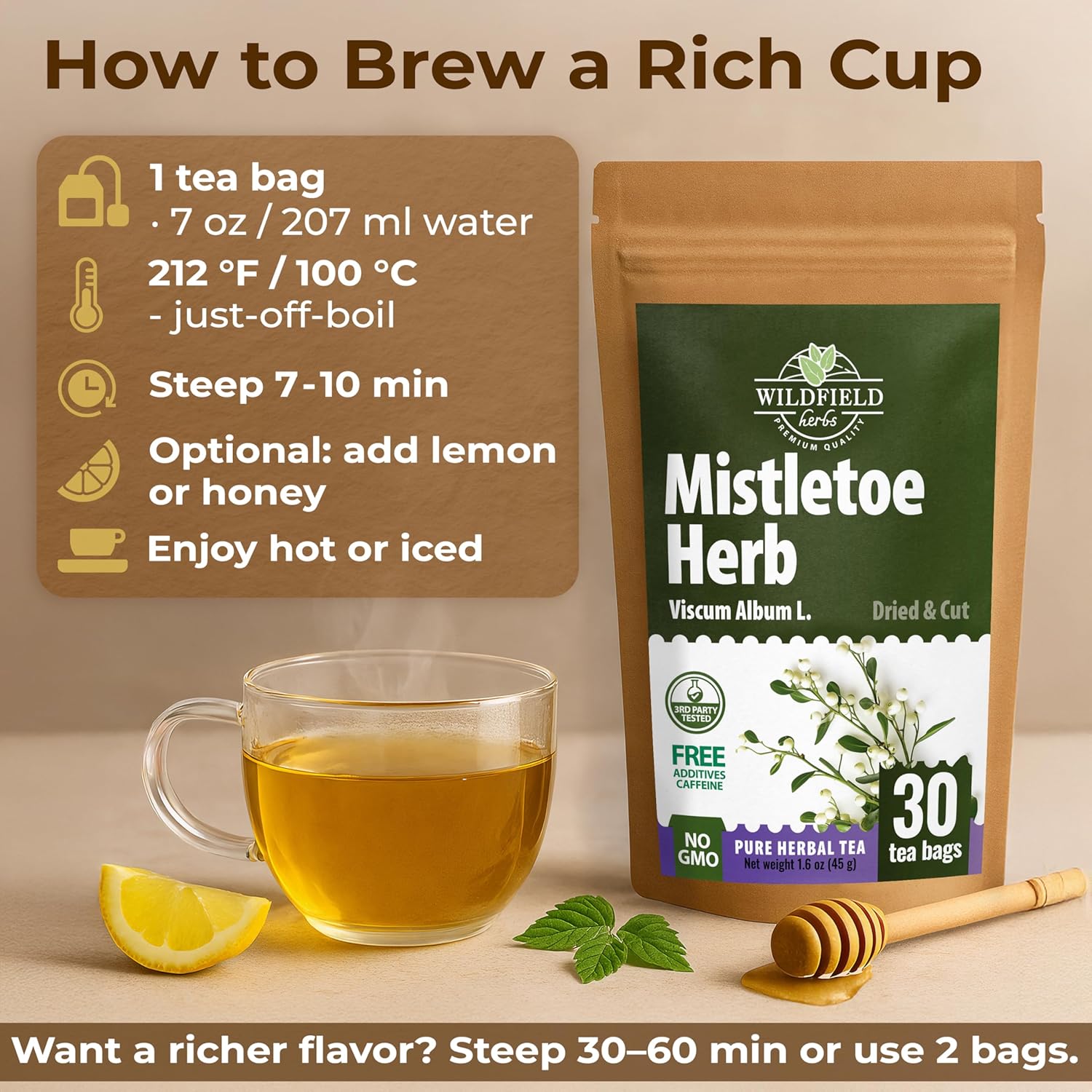 30 Bags Dried Mistletoe Herb Tea (Viscum) - 30 Count 1.5g Tea Bags Mistletoe Herb Muerdago