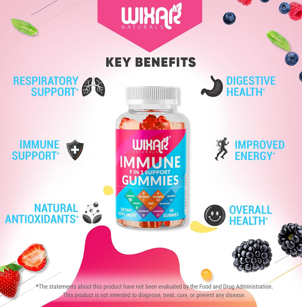 9 in 1 Immune Support Gummies with Elderberry, Vitamin C&D, Zinc, Turmeric, Ginger, Echinacea, Astragalus & Sea Moss for Immunity Supplement - 60 Gummies