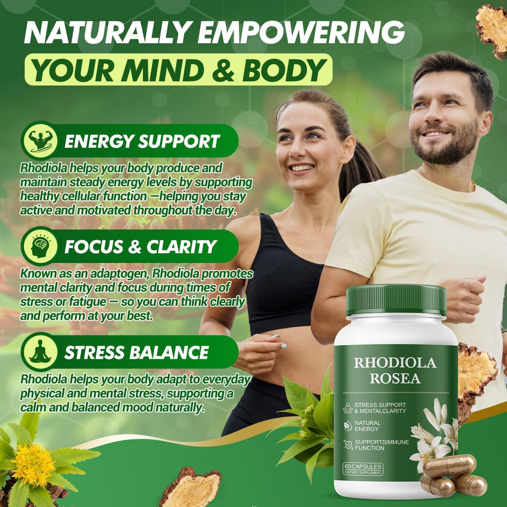 Rhodiola Rosea Supplement – 500mg Rhodiola Rosea Extract, Stress, Energy & Mood Support, Gluten-Free, Non-GMO, Vegetarian – 60 Capsules