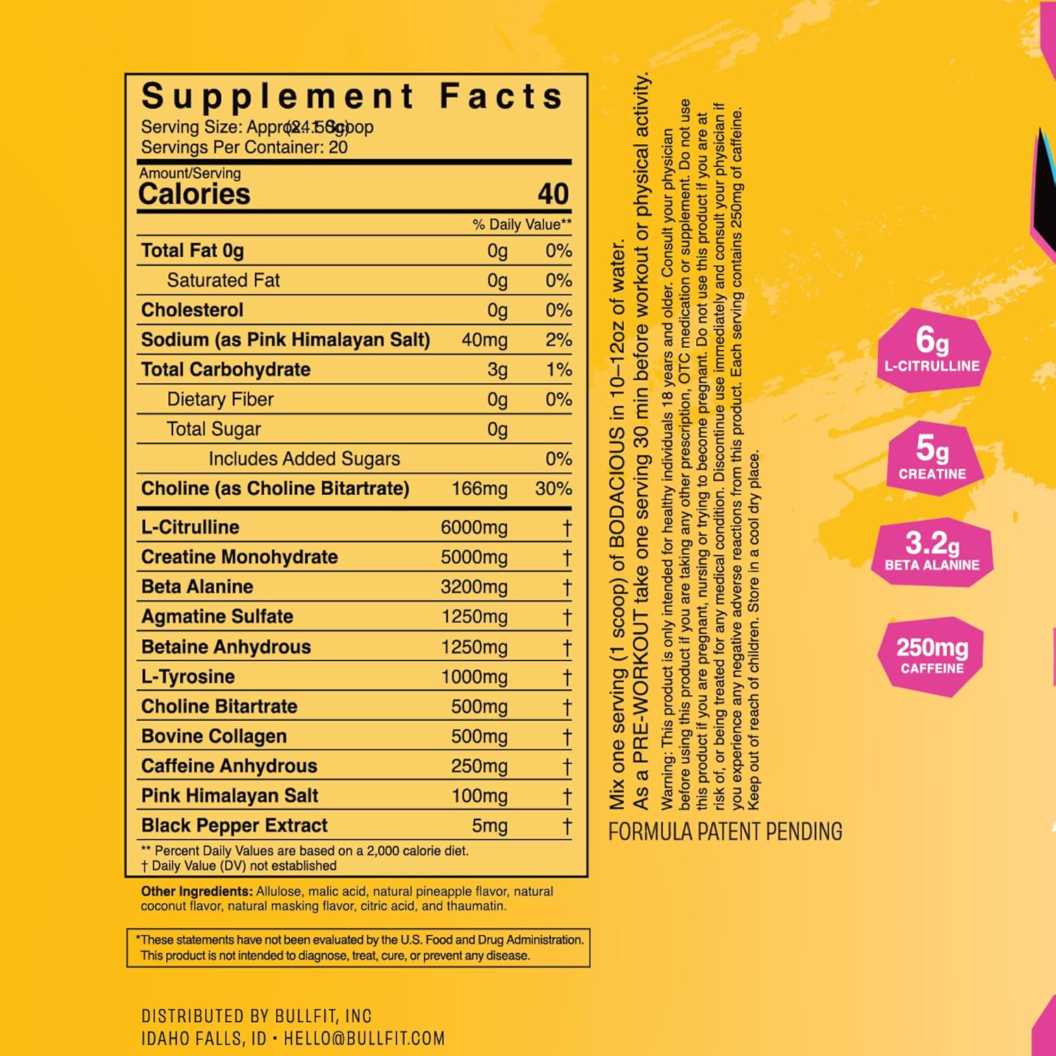 BULLFIT Pre Workout Powder, Pina Coolada Flavor, Pre-Workout Support for Men & Women, L Citrulline, Creatine, Beta Alanine & Electrolytes, Powdered Drink Mix with No Sucralose & Zero Sugar, 20 Srvgs