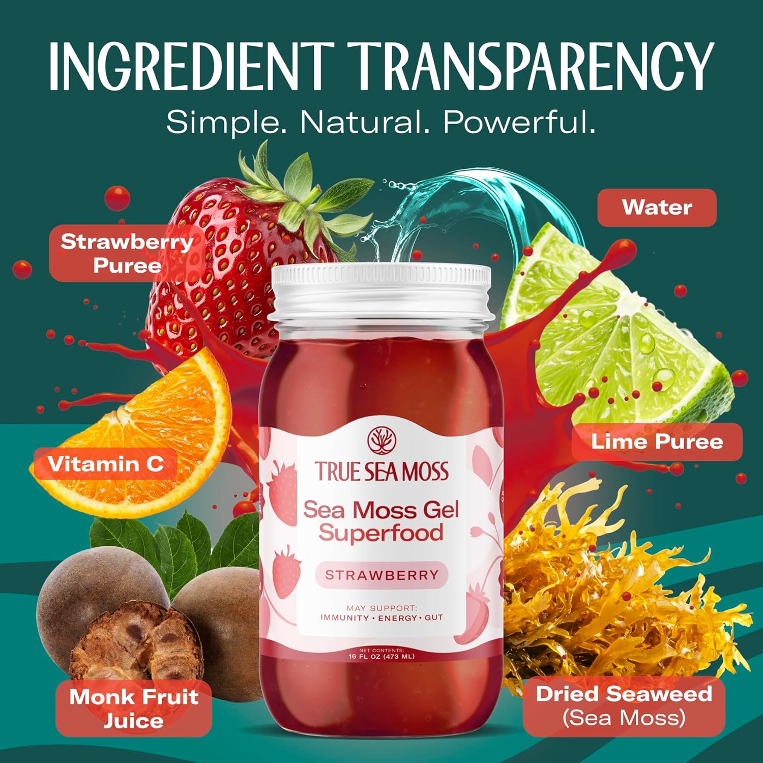 TrueSeaMoss Sea Moss Gel – Made in USA – Wildcrafted Seamoss, Fresh Fruits & Sea Vegetables – Strawberry, Pack of 3 (Labels may Vary)