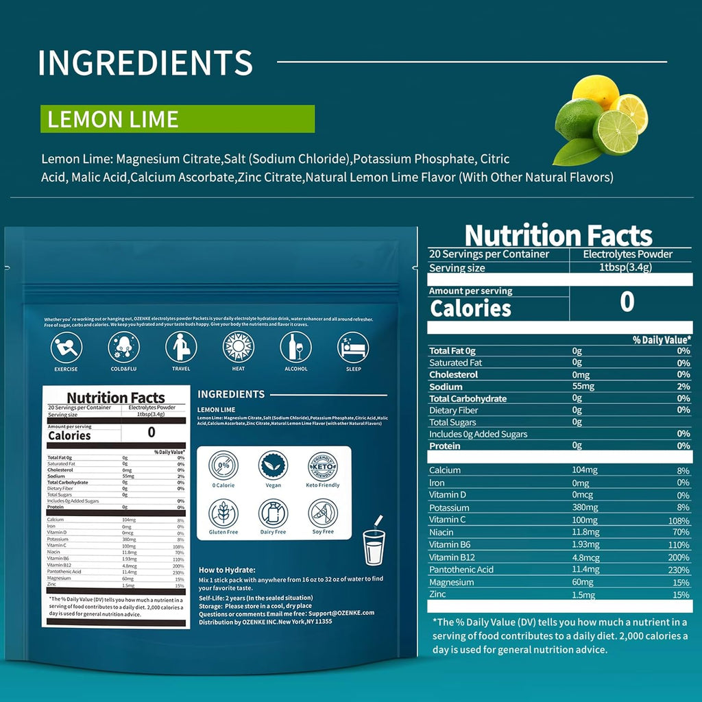 Electrolytes Powder Packets, Hydration Packets, Electrolyte Drink Mixes for Rapid Hydration, 7 Flavors, 0 Sugar, 0 Calorie (20 Servings (Pack of 1), Lemon Lime)