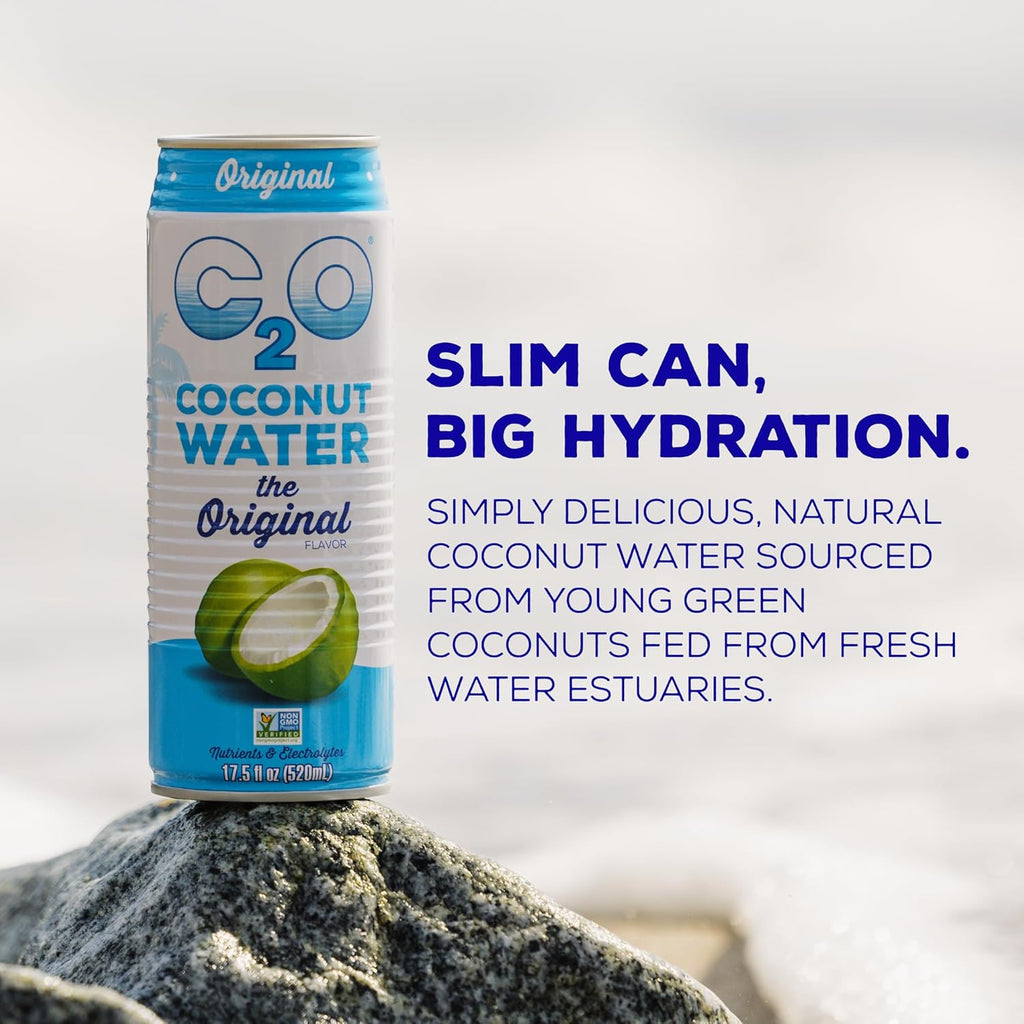 C2O - Coconut Water, The Original Flavor (12 Pack) - Made with Fresh Coconut Water, Plant Based - Non GMO Canned Water - Natural Hydration, Essential Electrolytes, & Potassium - 12 Cans, 17.5 FL OZ