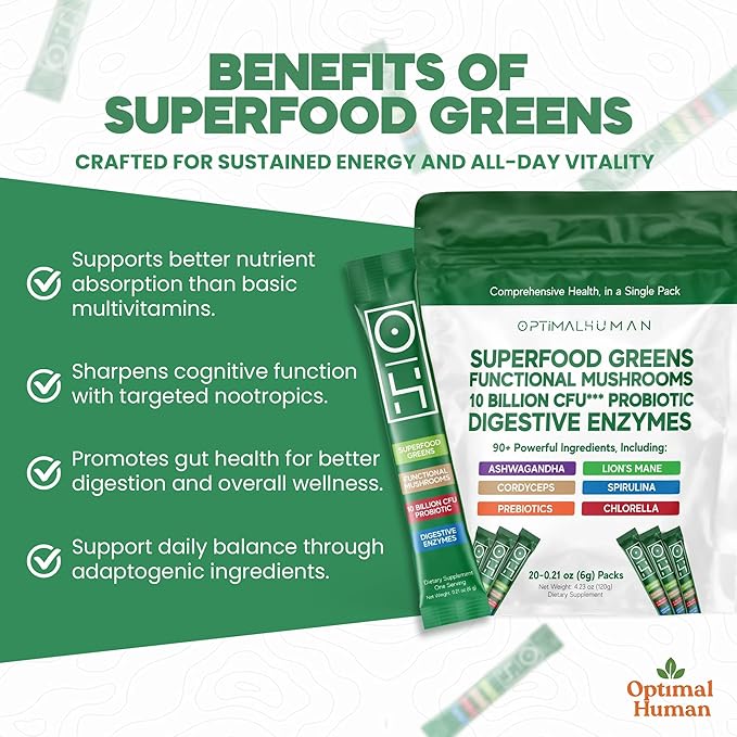 Optimal Human Superfood Greens Powder – 90+ Ingredient Blend with Lion’s Mane Supplement, Ashwagandha & Turmeric – Non-GMO, Soy-Free, Mushroom Supplements for Women – 20 Sachets