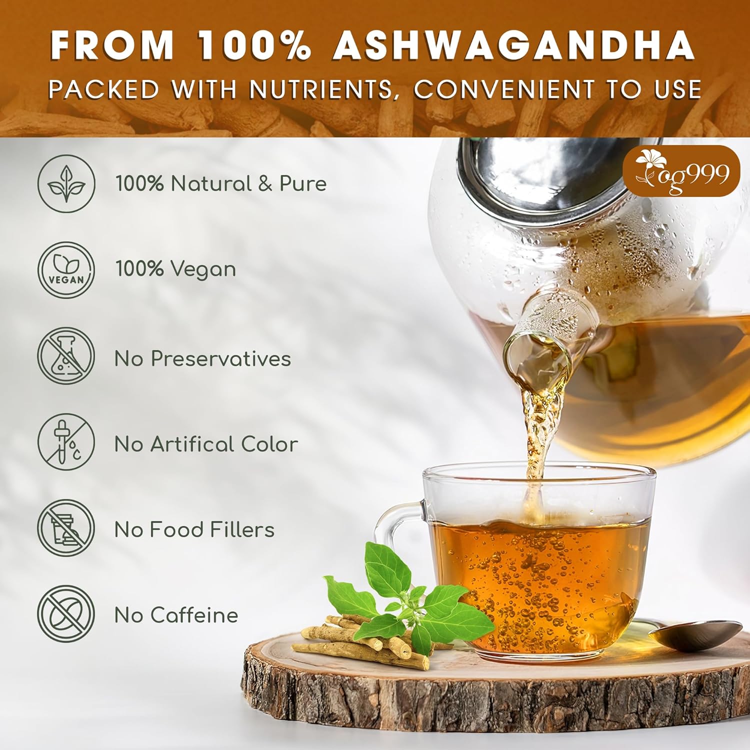 TOG999, Premium 60 Ashwagandha Root Tea Bags, 100% Natural & Pure, Ashwagandha Root Herbal Tea. No Sugar, No Caffeine, No Gluten, Vegan.