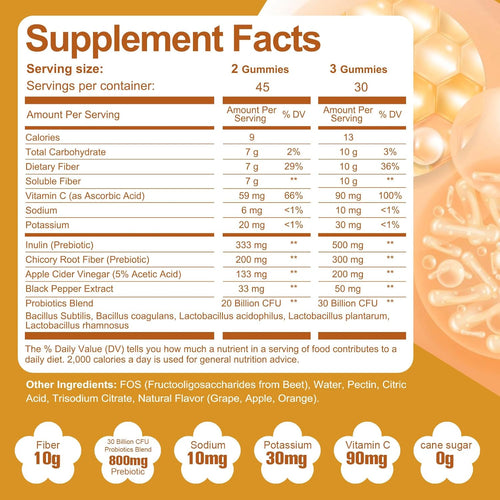 10G Fiber Gummies with Probiotics, Fiber Supplement with 30 Billion CFU Probiotics Blend, ACV, Vitamin C, Inulin - Support Digestive Health - No Sugar Added - Fruit Flavored - 90 Count