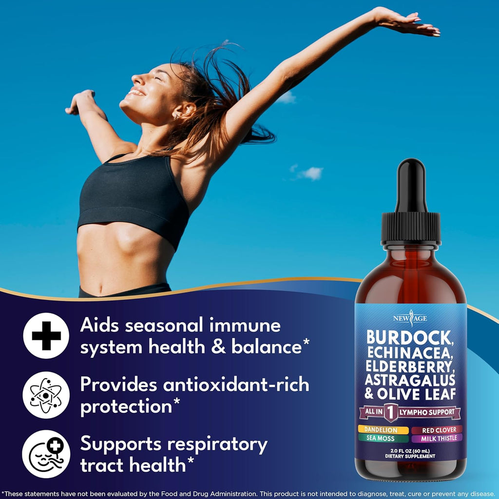 NEW AGE Lymphatic Drainage Supplement - Burdock Lymphatic Support Drops - Burdock Root, Mullein, Echinacea, Elderberry, Dandelion, Astragalus, Milk Thistle, Red Clover - 8 oz