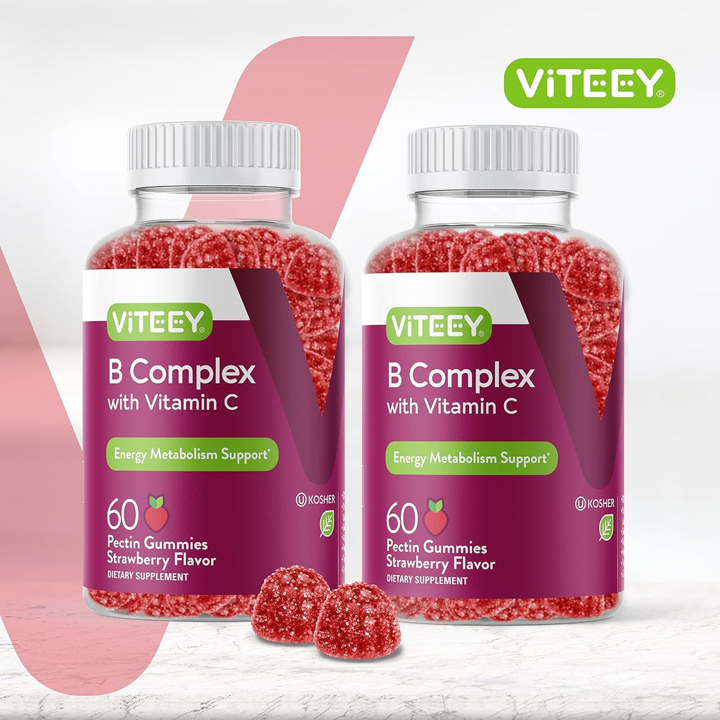 Viteey Vitamin B Complex Gummies with Vitamin C - Energy, Metabolism & Immune Support - B6, B12, Niacin, Folic Acid, Biotin, Calcium - Vegan, Gluten-Free - 120 Count