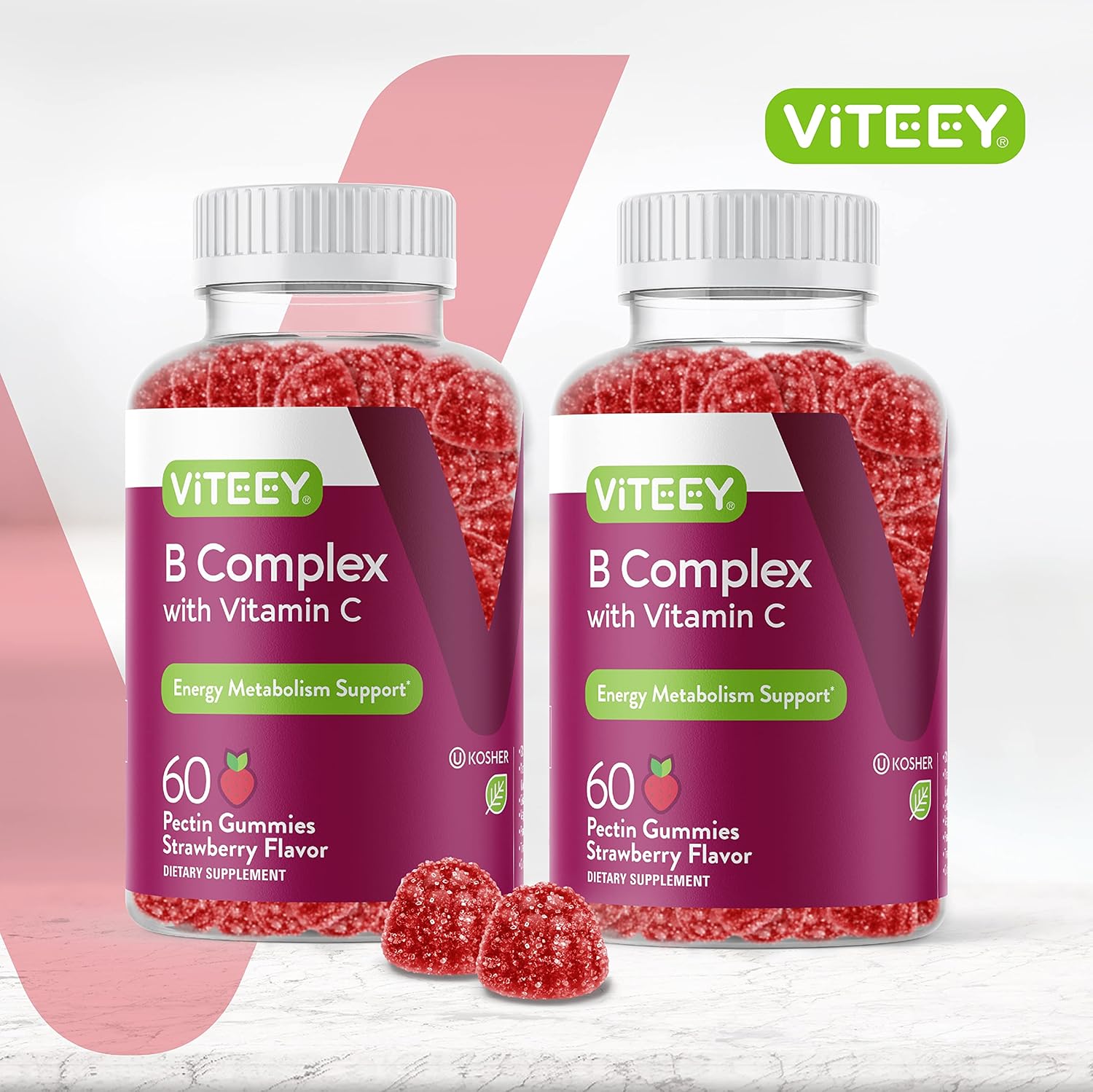 Viteey Vitamin B Complex Gummies with Vitamin C - Energy, Metabolism & Immune Support - B6, B12, Niacin, Folic Acid, Biotin, Calcium - Vegan, Gluten-Free - 120 Count
