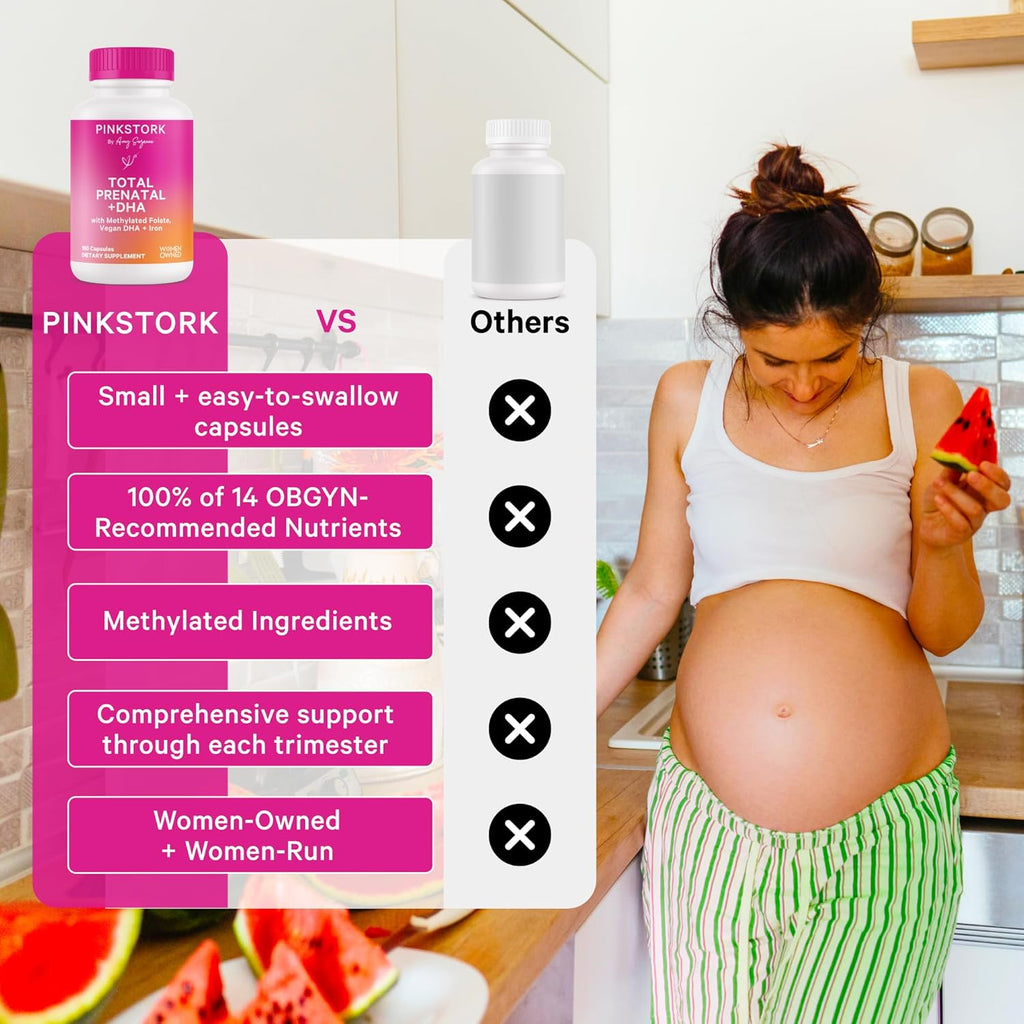 Pink Stork Total Prenatal Vitamins with DHA, Folate, Iron, Choline, and Vitamin B12 - Preconception Nutrition - Prenatals for Women, Pregnancy Essentials - Mint Essence, 60 Capsules, 1 Month Supply