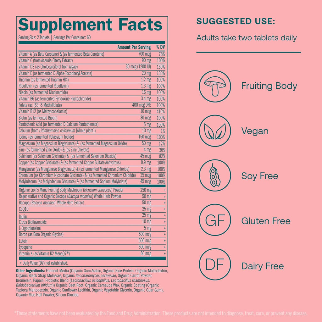 True Grace Daily Women’s Multivitamin 50+ - 120 Easy-to-Swallow Tablets - Immune, Energy, Longevity & Memory Support - Vegan - Gluten, Soy & Iron Free - 60 Servings