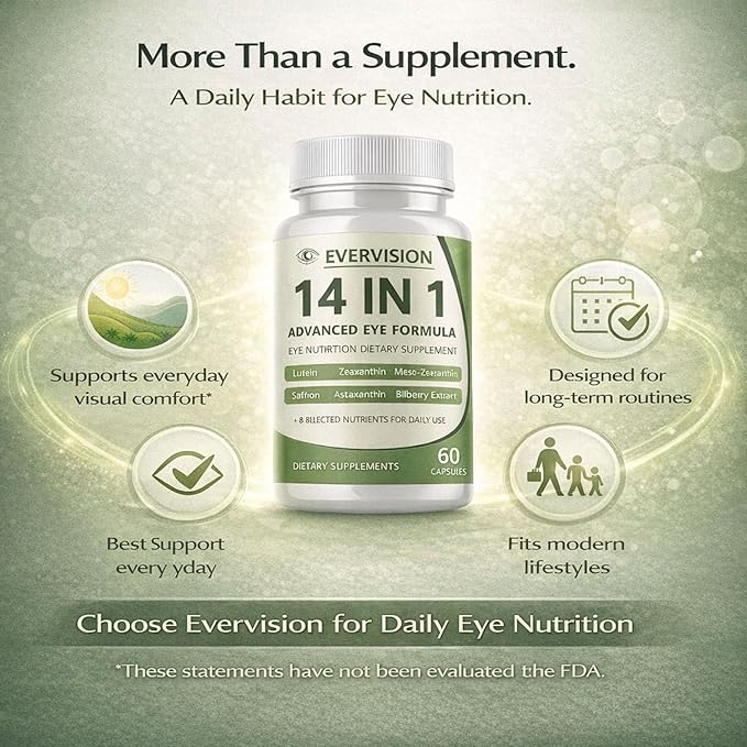 Evervision 14-in-1 Advanced Eye Formula, Daily Eye Nutrition Supplement with Lutein, Zeaxanthin, Saffron & Bilberry Extract, Eye Health Support for Adults – 60 Capsules (2)