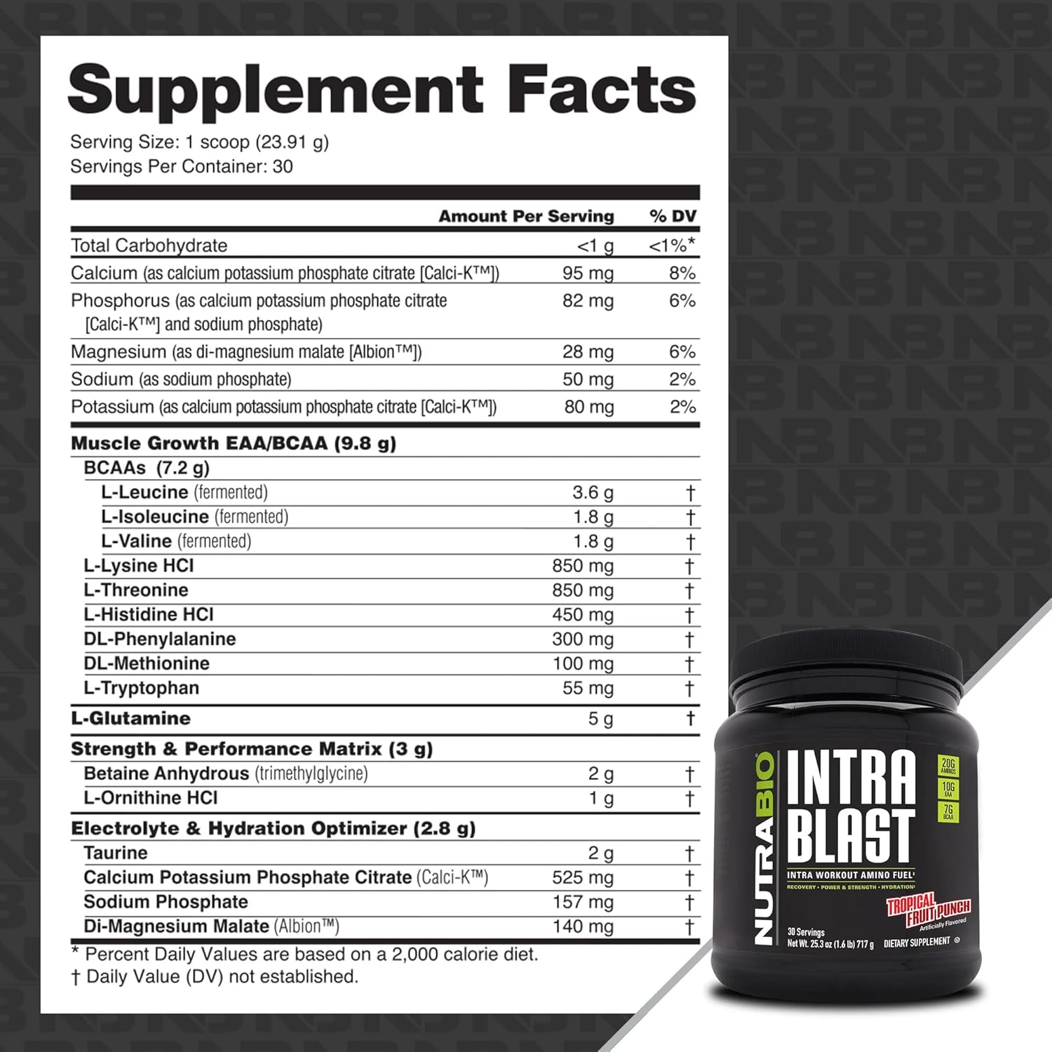 NutraBio Intra Blast Bcaa Powder Amino Acid Supplement, Electrolyte & Hydration Blend, Intra, Pre Workout & Muscle Recovery, 20g Eaa Amino Acids Powder, 5g Glutamine- Tropical Fruit Punch, 30 Serving