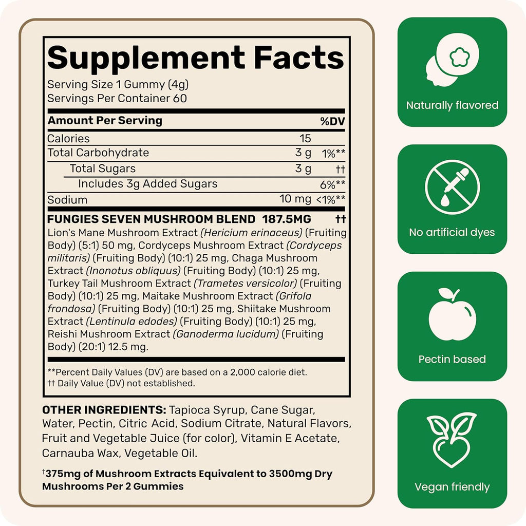Fungies Multi Mushroom Gummies for Men & Women - Mushroom Supplement Includes Lion’s Mane, Cordyceps, Reishi, Chaga, Shiitake, Maitake & Turkey Tail - Gelatin-Free, Gluten-Free & Vegan Gummy Vitamins