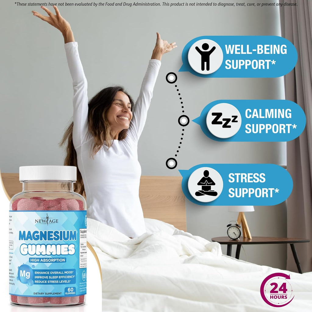 Magnesium Gummies - Calming Anti-Stress Gummies, Magnesium Supplement for Adults and Kids, Vegan, Gelatin-Free, Gluten-Free, Non-GMO, Delicious Natural Raspberry Flavor- 120 Count - by New Age