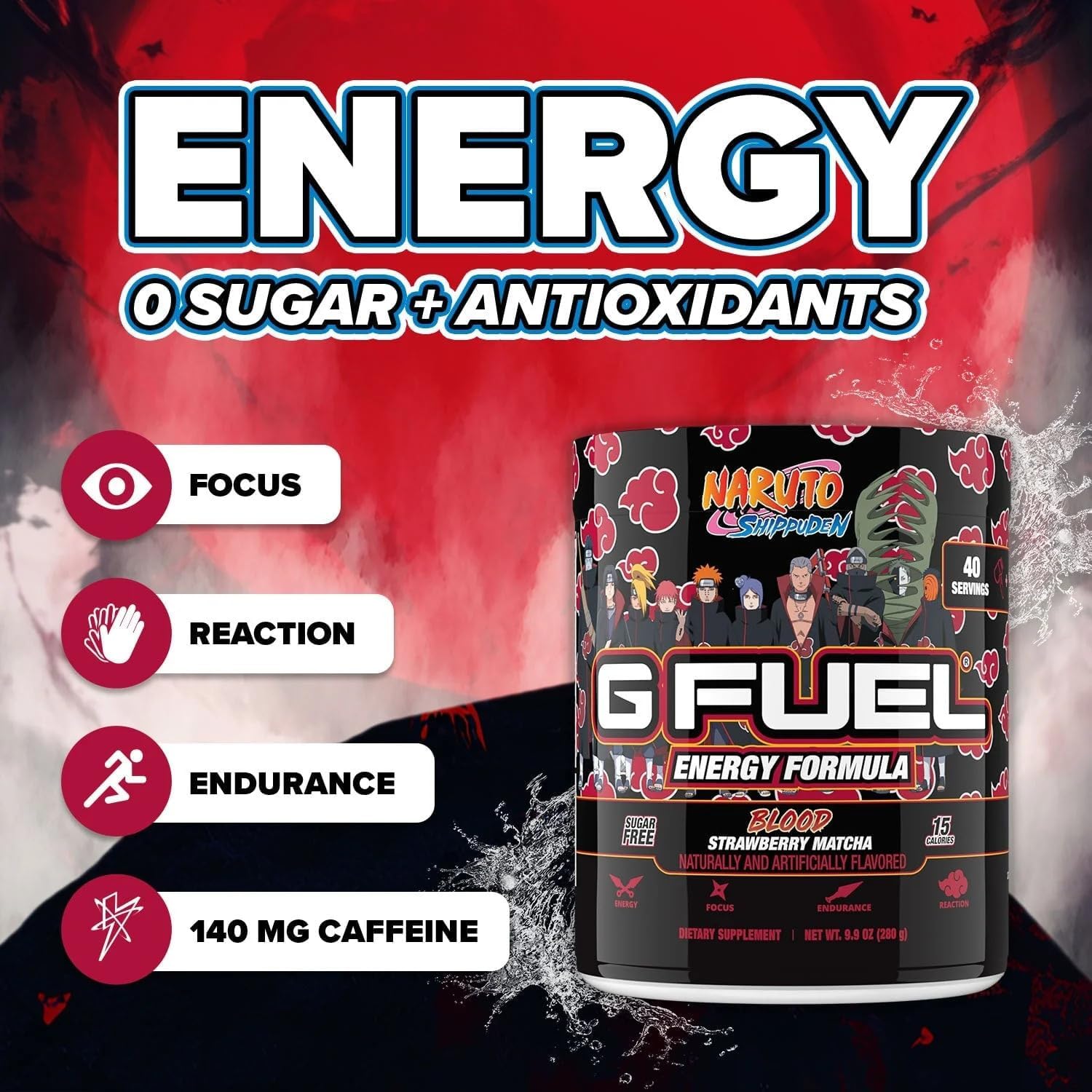 G Fuel Akasuki Blood Energy Drink Powder, Pre Workout Caffeine Mix for Gaming, Sugar Free Focus Amino, Vitamin + Antioxidants, 9.9oz (Strawberry Matcha, 40 Servings)