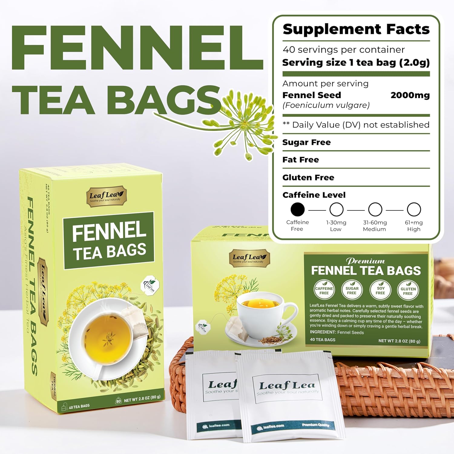 LeafLea 80 Premium Fennel Tea Bags, Pure Dried Fennel Seed Tea, Daily Ease & Balance, Naturally Sweet Taste, Caffeine-Free, Sugar-Free, Non-GMO, Vegan, Individually Wrapped