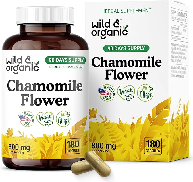 Wild & Organic Chamomile Extract Capsules 800 mg - Relaxation & Digestive Support - Chamomile Powder Supplement - Matricaria Recutita Herb - Vegan, No Fillers, Non-GMO - 180 Count