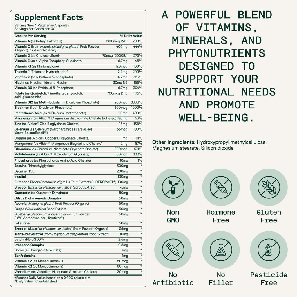 Adapt Naturals Multivitamin for Women & Men, Bioavailable Easy-to-Absorb Multivitamin Daily Supplement with Biotin, Niacin, Vitamin A, B, C, D, E, K1, Zinc, Magnesium - Immune Support - 60 Day Supply