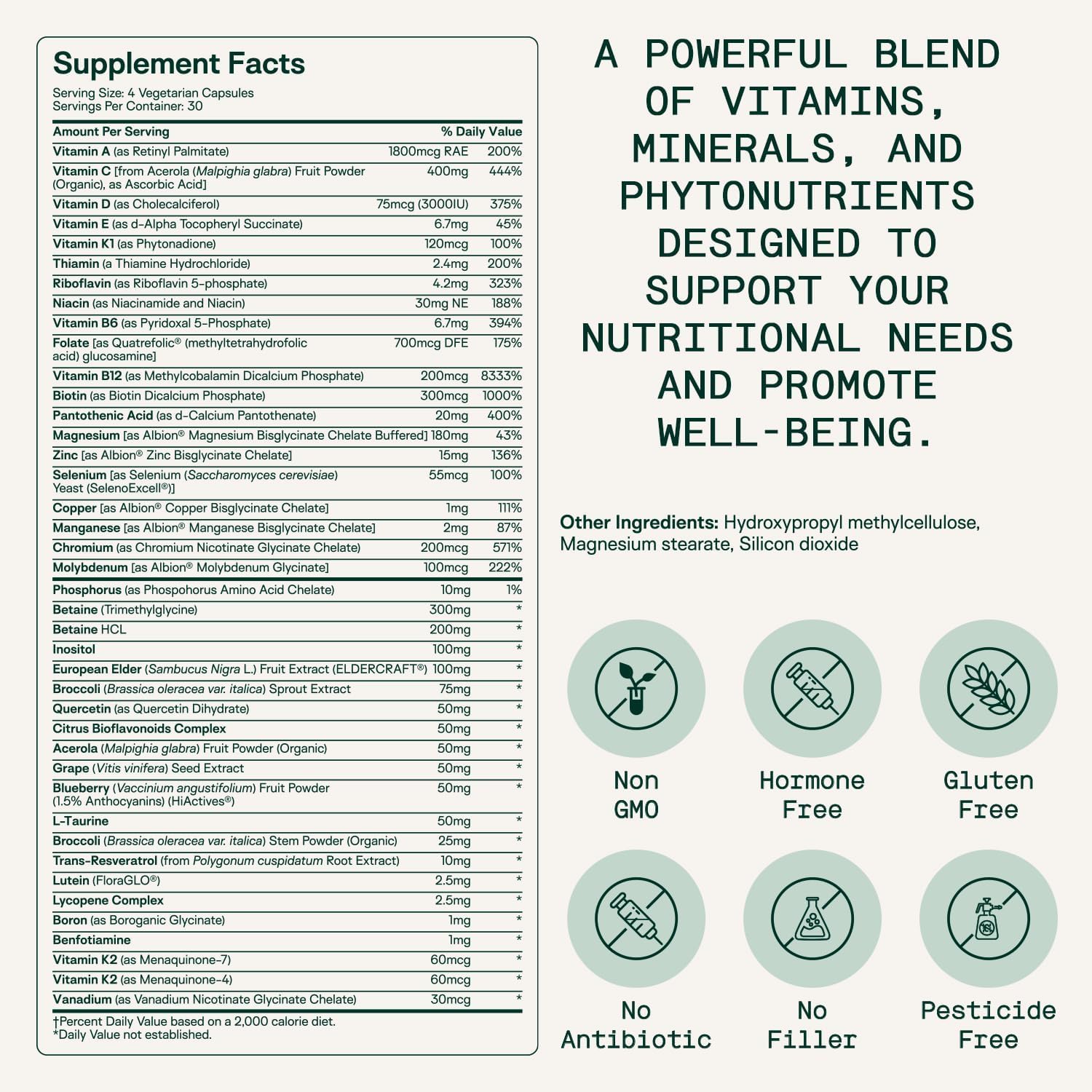 Adapt Naturals Multivitamin for Women & Men, Bioavailable Easy-to-Absorb Multivitamin Daily Supplement with Biotin, Niacin, Vitamin A, B, C, D, E, K1, Zinc, Magnesium - Immune Support - 60 Day Supply