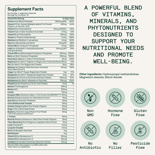 Adapt Naturals Multivitamin for Women & Men, Bioavailable Easy-to-Absorb Multivitamin Daily Supplement with Biotin, Niacin, Vitamin A, B, C, D, E, K1, Zinc, Magnesium - Immune Support - 60 Day Supply