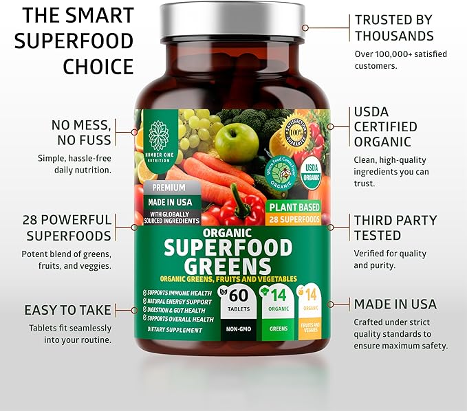 2-Pack N1N Premium Organic Green Superfood, Fruits & Veggies [28 Powerful Ingredients] Natural Supplement with Alfalfa, Beet Root & Tart Cherry for Energy, Immunity, Digestion, 120 Ct