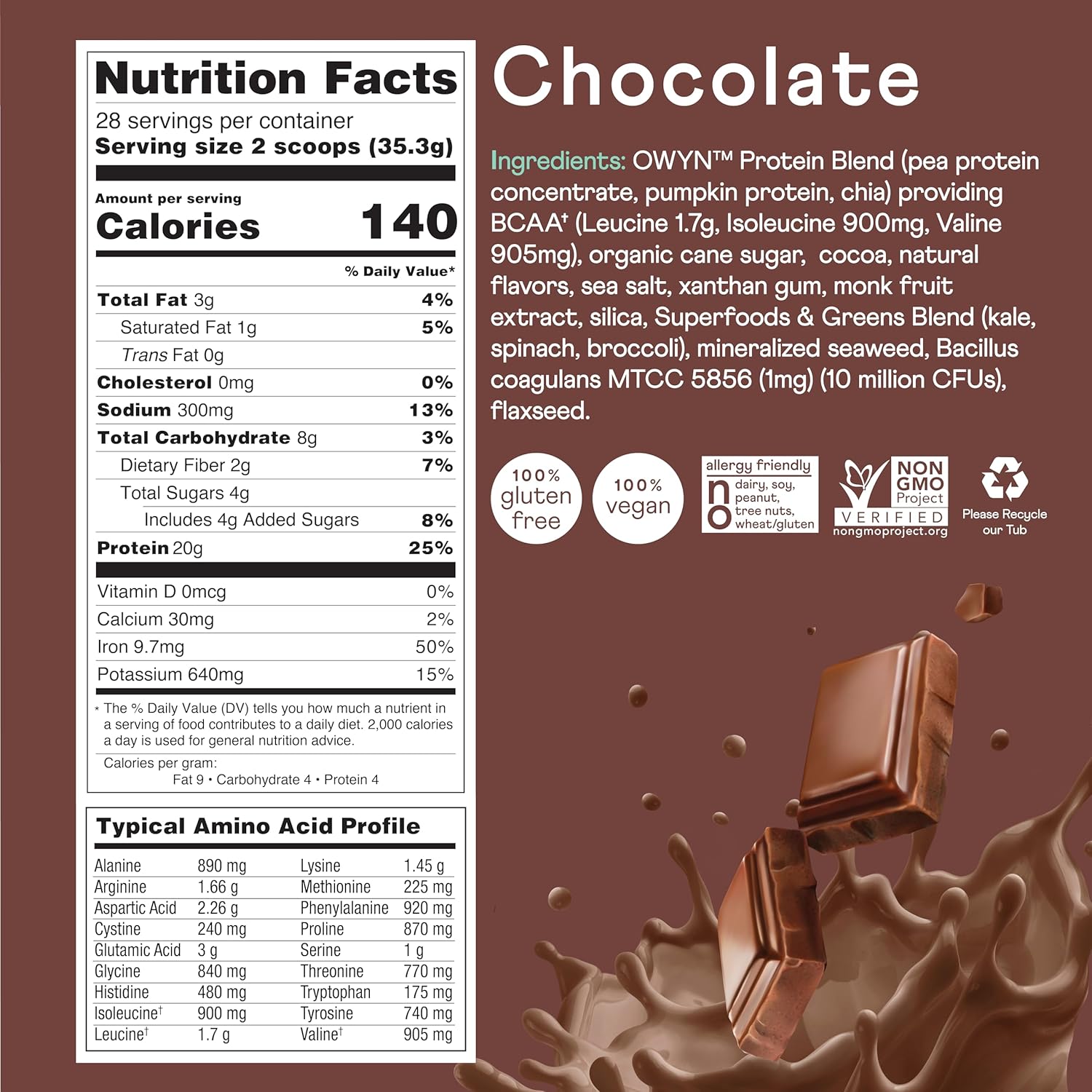 OWYN Only What You Need Dairy Free Protein Powder with 20g Protein, Probiotics, Superfoods Greens, Pea, Chia and Pumpkin Seed Blend (Chocolate, 2.2 Pound - Pack of 1)