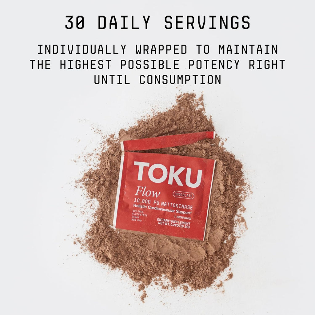 Toku Flow, Functional Daily Powder with 10,800 FU Soy-Free Nattokinase, Vitamin K2 MK7 & Oat Beta Glucan, Plant-Based Formula, Chocolate Flavor, 30 Packets