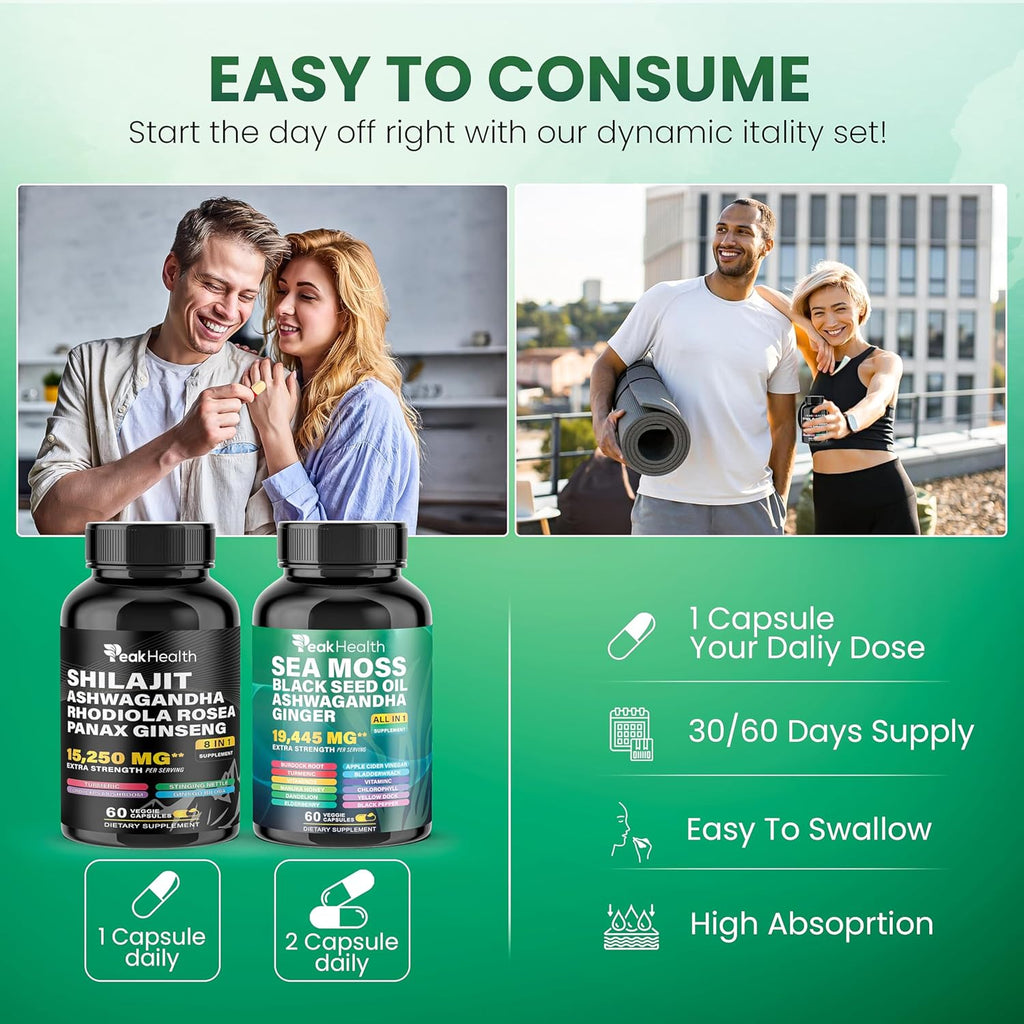 Shilajit Sea Moss Black Seed Oil Ashwagandha Capsules for Man Woman,2 Bottle Combo with Turmeric, Panax Ginseng, Rhodiola,19,445mg Herbal Formula,Energy & Immune Support, 60 Capsules,Easy to Swallow