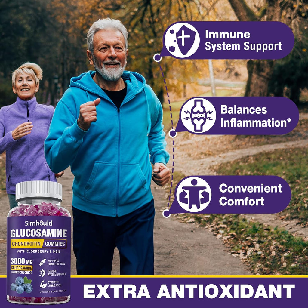 3 Packs Glucosamine Chondroitin Gummies - 3000MG Extra Strength Joint Support Supplement with MSM & Elderberry, Flexibility, Antioxidant Immune Support Gummy for Adults, Men & Women