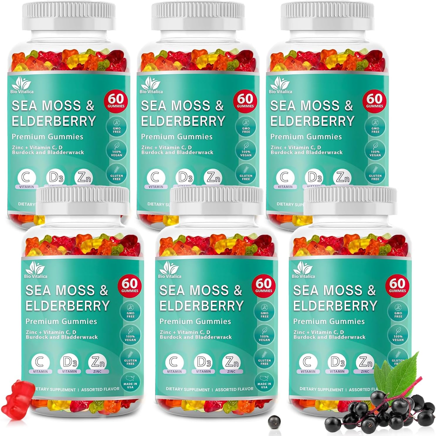 BIO VITALICA Sea Moss Gummies Elderberry BioVitalica - Vitamin C D + Zinc - Irish Seamoss Vegan Gummy with Sea Moss Gel & Powder for Immunity, Detox - for Adults and Kids (6Packs)