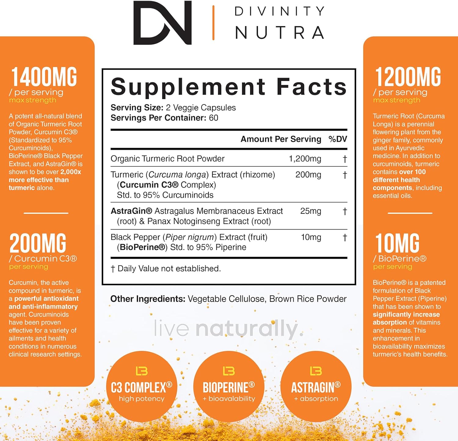Turmeric Curcumin with BioPerine Black Pepper 1400mg, Support GLP-1 Naturally, Max Absorption Turmeric Supplement for Joint Support with 95% Standardized Curcuminoids C3 Complex, Non GMO, 120 Capsules