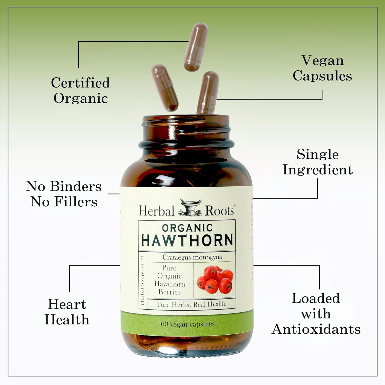 Herbal Roots Organic Hawthorn Berry Capsules | Extra Strength 1,200mg per Serving | 60 Vegan Capsules